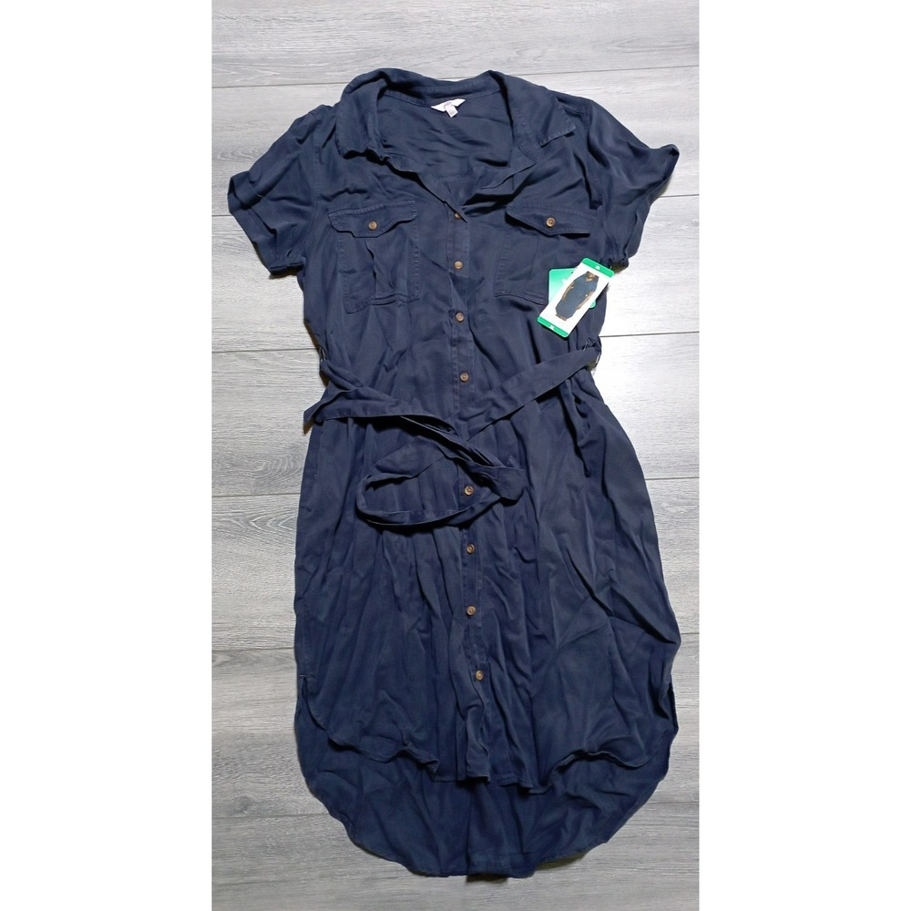 Teddi Rose Shirt Dress XL Navy Button Down Belted Tencel Pockets Women
